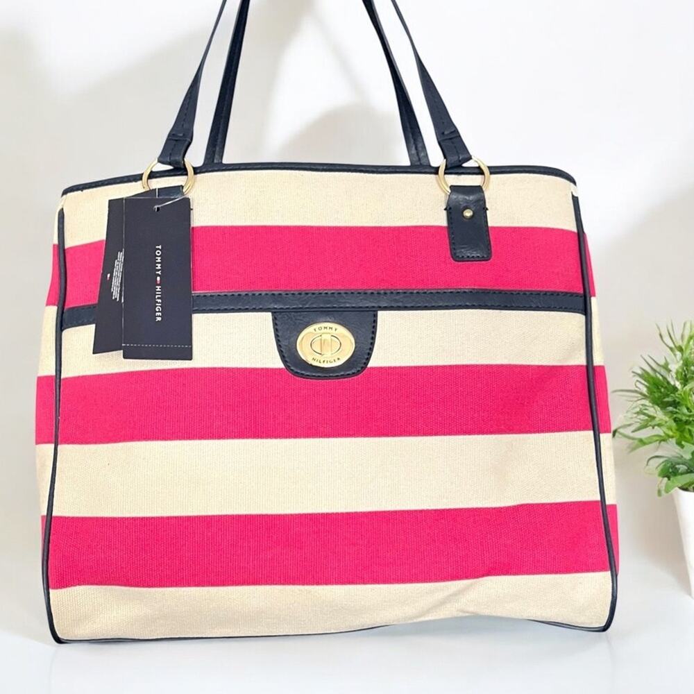 NEW TOMMY HILFIGER Satchel Tote Bag Pink Cream Striped Navy Trim NWT 1652-57 - Picture 1 of 13